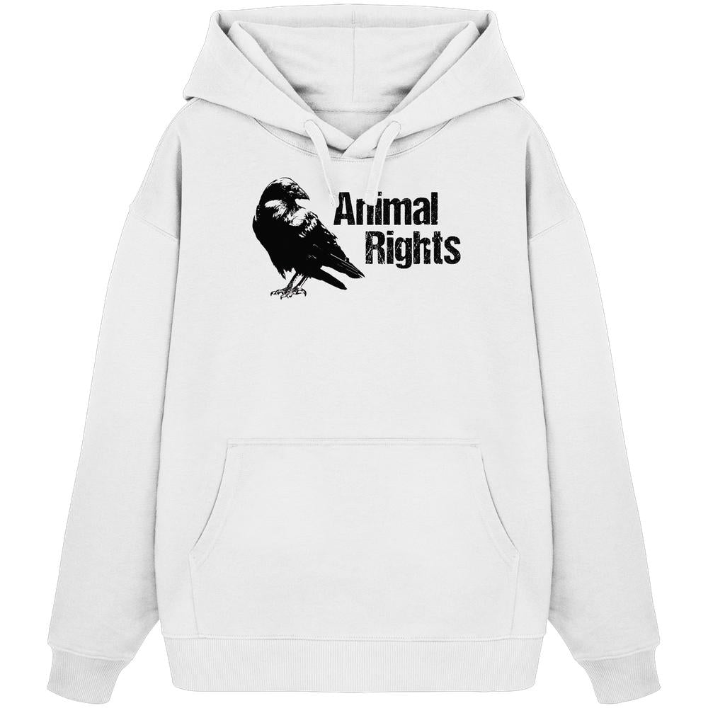 Vegan und Bio Oversized Hoodie mit Krähenmotiv und Aufschrift Animal Rights, Kängurutasche, Kapuze mit Kordeln, aus 100% Bio-Baumwolle, von RUDE REBEL.