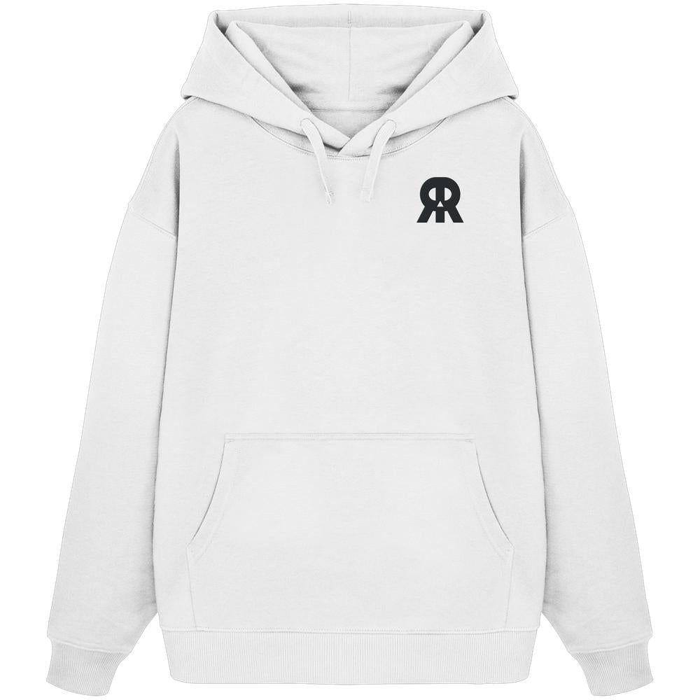 Vegan und Bio Oversized Hoodie bestickt: RUDE REBEL Skull, weiß mit Kängurutasche und Logo auf der Brust. Hergestellt aus 100% Bio-Baumwolle.