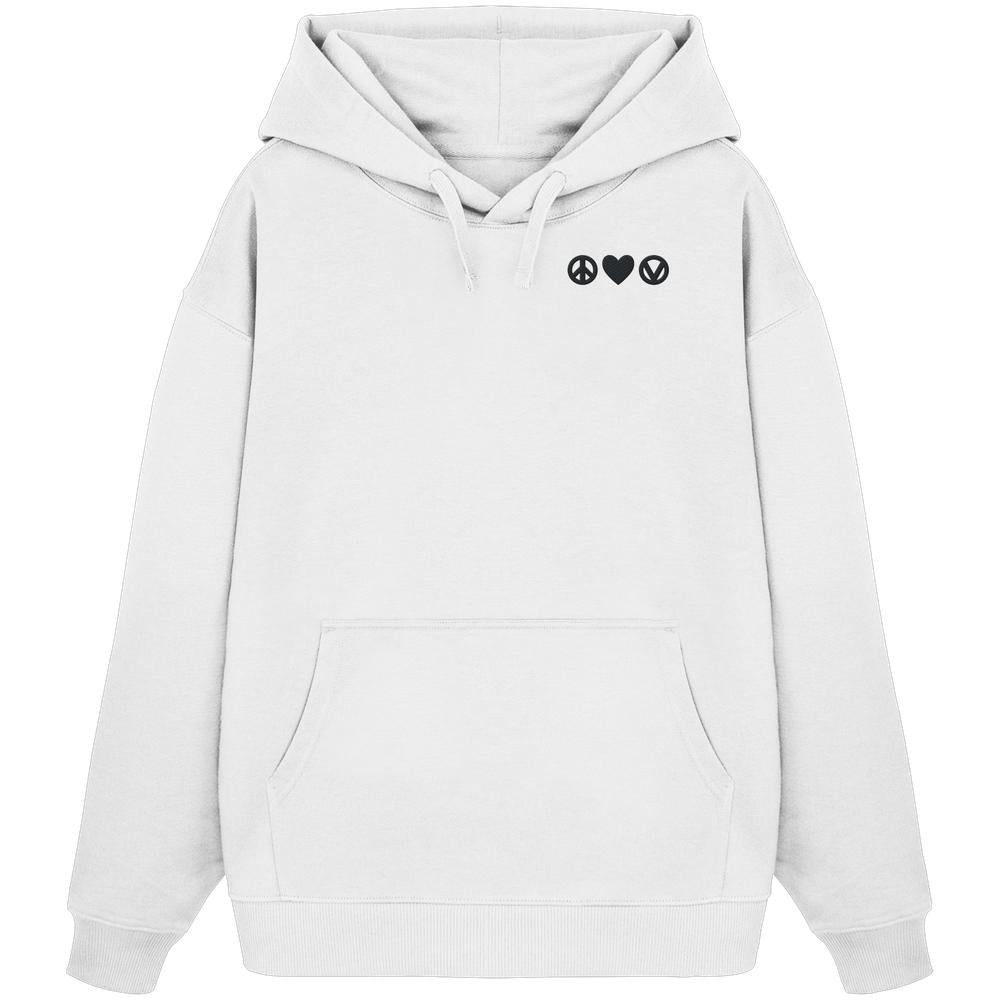 Vegan und Bio Oversized Hoodie bestickt: Peace - Love - Veganism mit Kängurutasche und Kapuze, zeigt drei Symbole: Frieden, Herz, vegan, im minimalistischen Design.