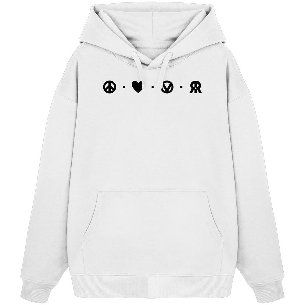 Vegan und Bio Oversized Hoodie: Peace - Love - Veganism - RUDE REBEL mit ikonischem Brustdesign aus Friedenssymbol, Herz, V-Form und rebellischem Logo.