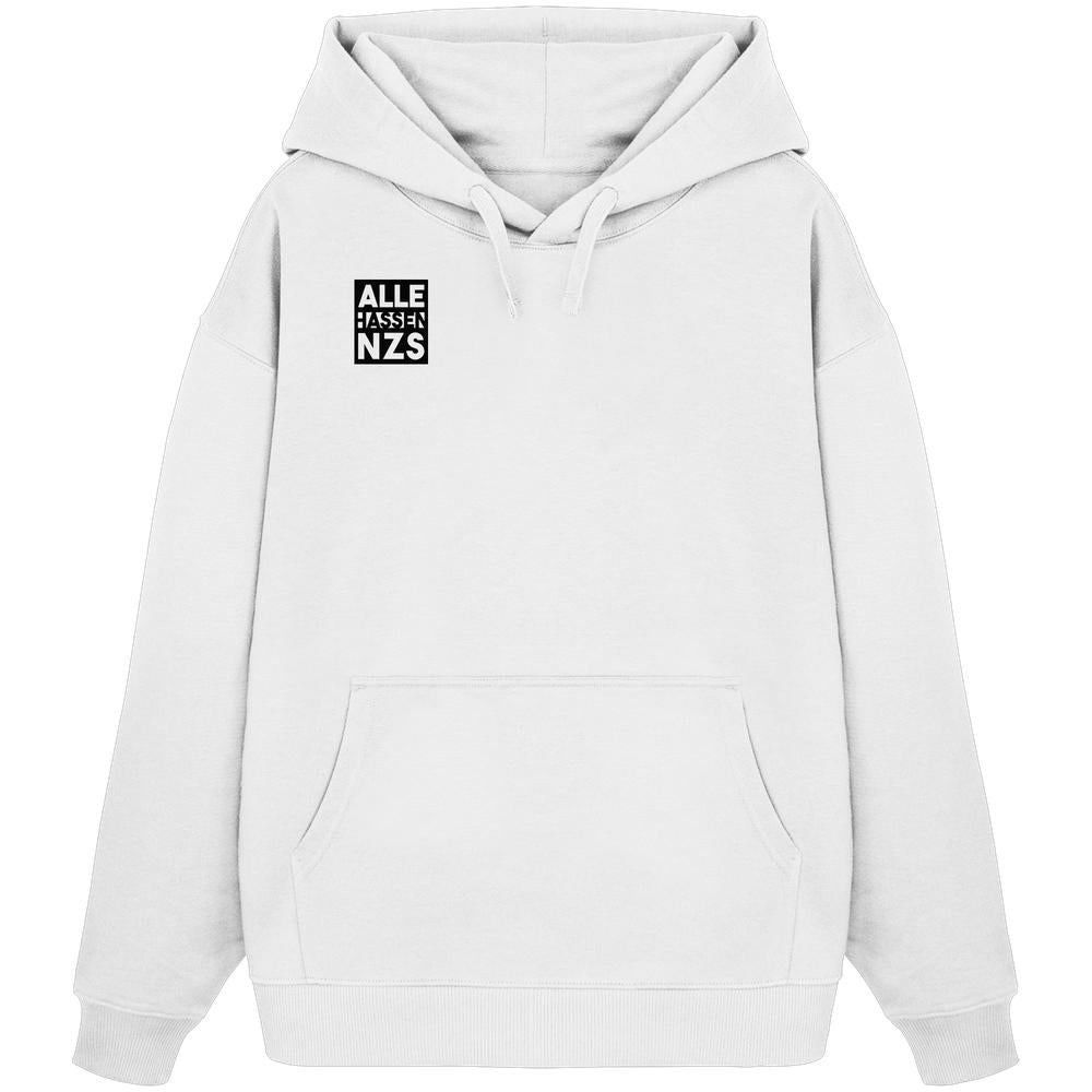 Vegan und Bio Oversized Hoodie: ALLE HASSEN NZS! mit Kängurutasche, aus 100% Bio-Baumwolle, rebellisches Design auf der linken Brust.