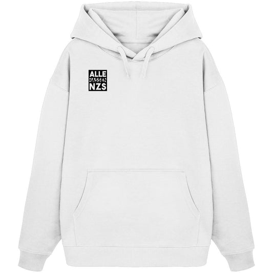Vegan und Bio Oversized Hoodie: ALLE HASSEN NZS! mit Kängurutasche, aus 100% Bio-Baumwolle, rebellisches Design auf der linken Brust.