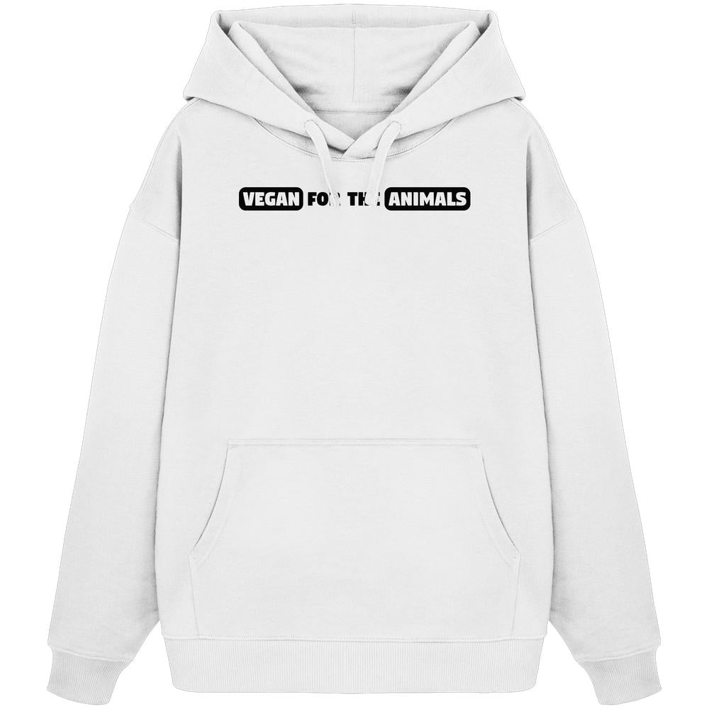 Weißer Bio-Hoodie mit VEGAN FOR THE ANIMALS-Slogan, Kängurutasche und Kapuze. Aus 100% Bio-Baumwolle, präsentiert von RUDE REBEL, nachhaltige vegane Mode.