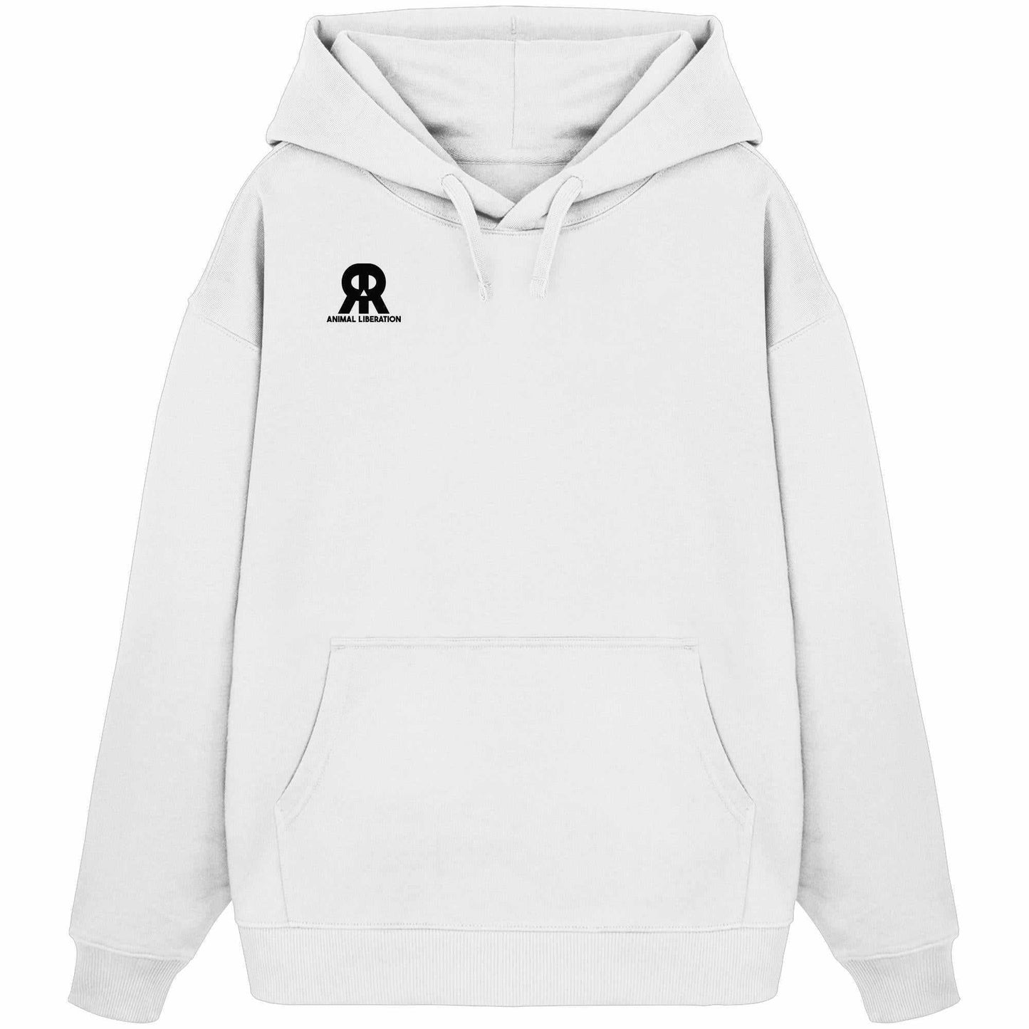 Vegan und Bio Oversized Hoodie: RUDE REBEL Skull - Animal Liberation, weißer Hoodie mit schwarzem Logo, Kängurutasche, aus 100% Bio-Baumwolle, rebellisches Design.