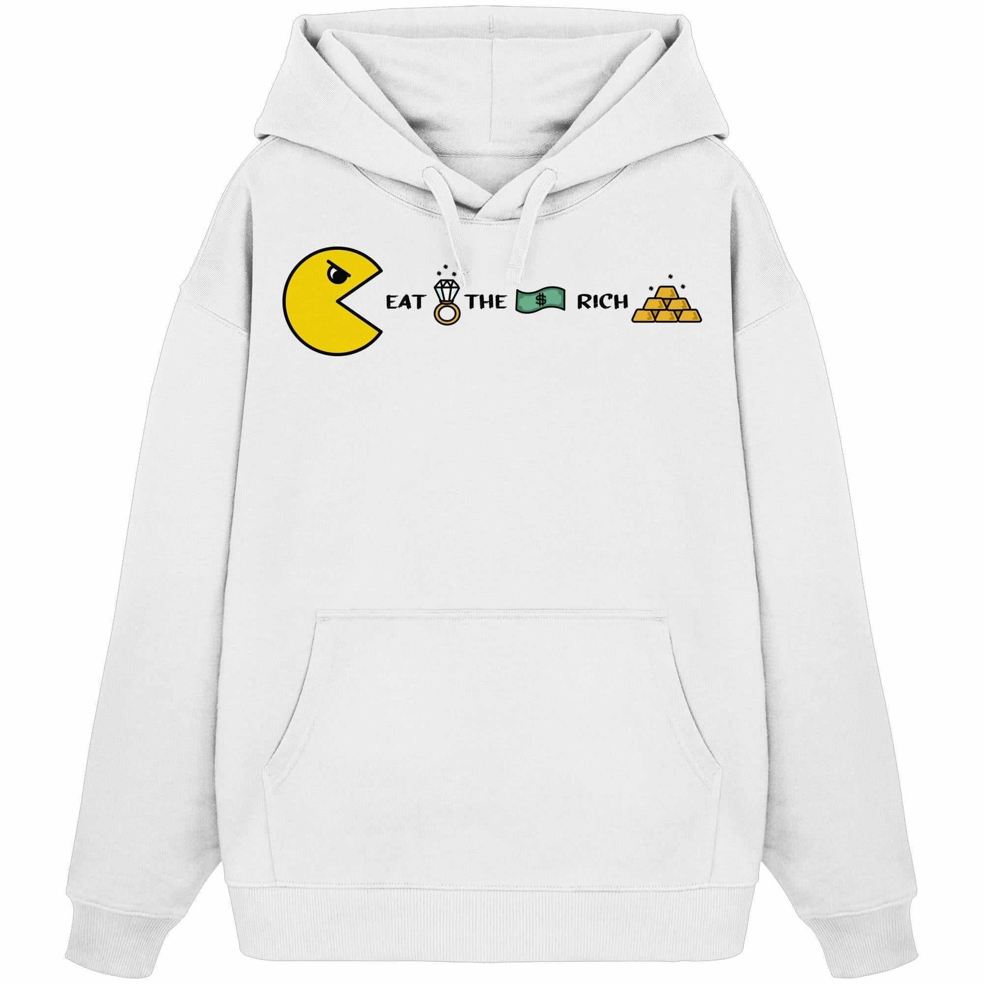 Vegan und Bio Oversized Hoodie: PAC-MAN - Eat the rich, weiße Kapuze mit gelbem Pac-Man und Pyramidenmotiv, aus 100% Bio-Baumwolle, Kängurutasche vorne.