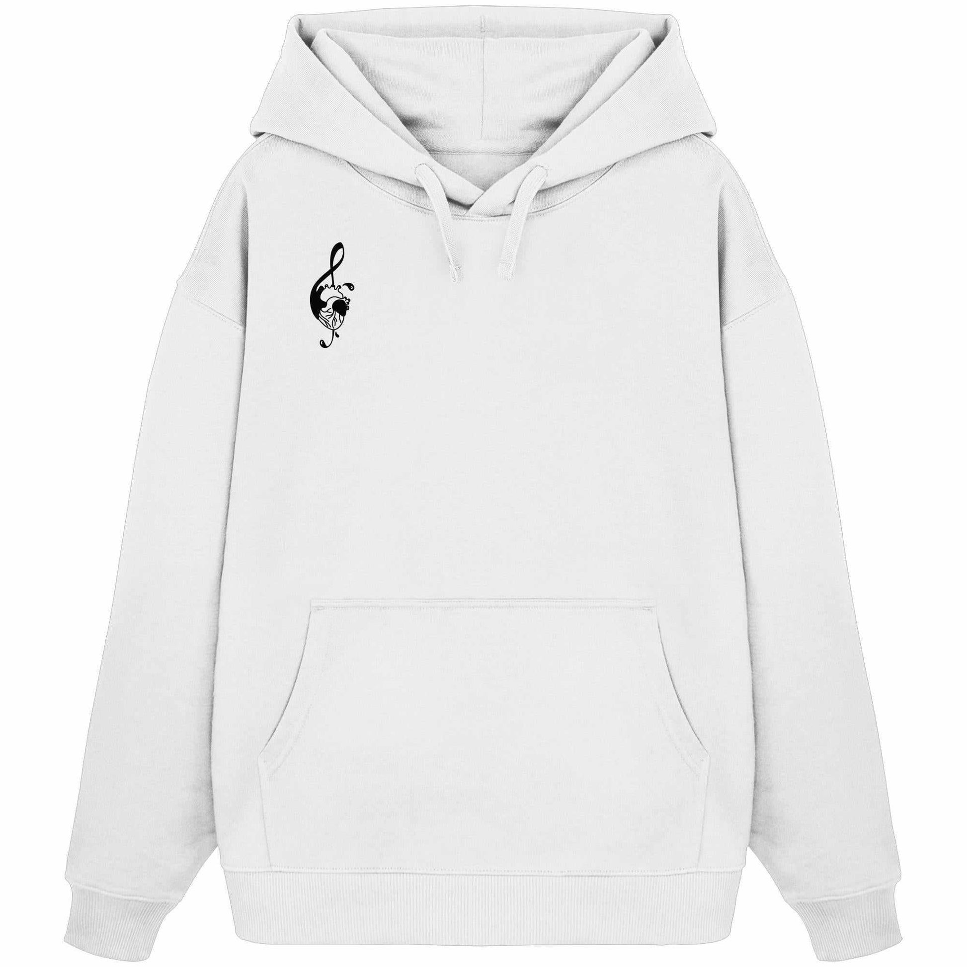 Vegan und Bio Oversized Hoodie: Music Heart mit schwarzem Notenschlüssel-Design, Kapuze, Kängurutasche und Oversize-Schnitt aus 100% Bio-Baumwolle.