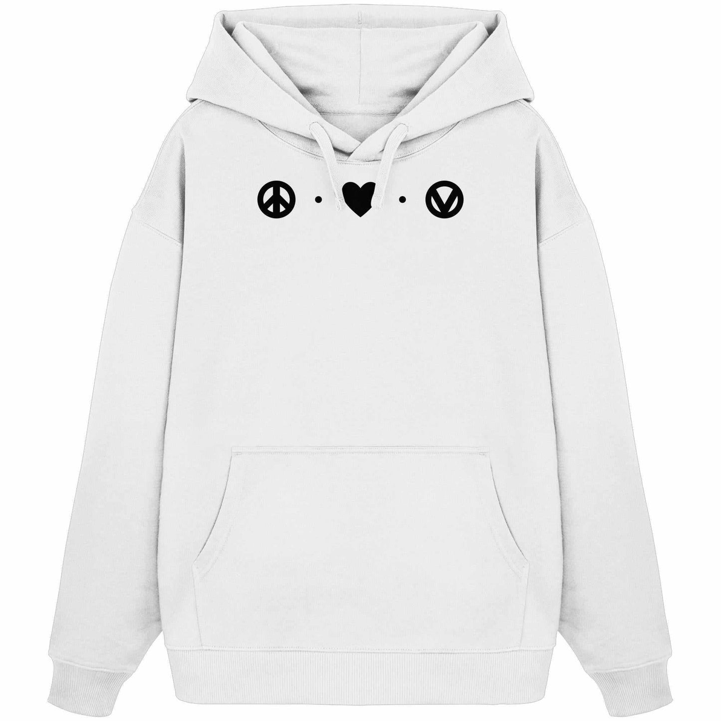 Vegan und Bio Oversized Hoodie: Love - Peace - Veganism, weißer Hoodie mit schwarzem Peace-Symbol, aus 100% Bio-Baumwolle, Kängurutasche, Kapuze, rebellisches Design.