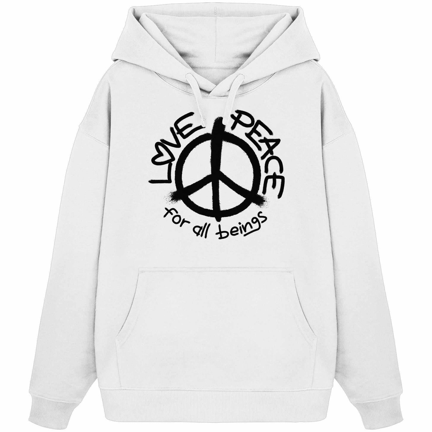 Vegan und Bio Oversized Hoodie mit Peace-Zeichen, 100% Bio-Baumwolle, Kängurutasche, Kapuze. Design von RUDE REBEL, betont Liebe und Frieden für alle Wesen.