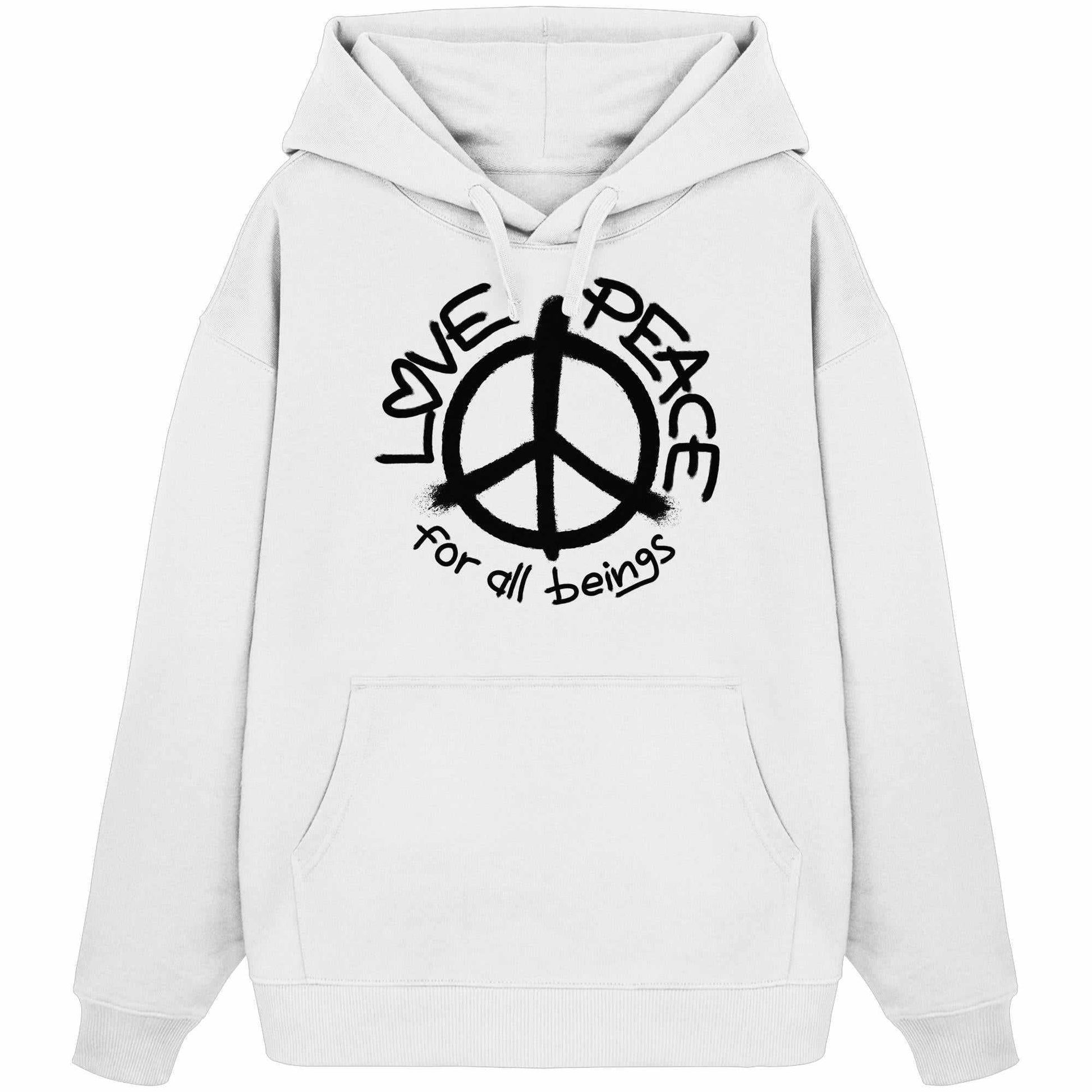 Vegan und Bio Oversized Hoodie mit Peace-Zeichen, 100% Bio-Baumwolle, Kängurutasche, Kapuze. Design von RUDE REBEL, betont Liebe und Frieden für alle Wesen.