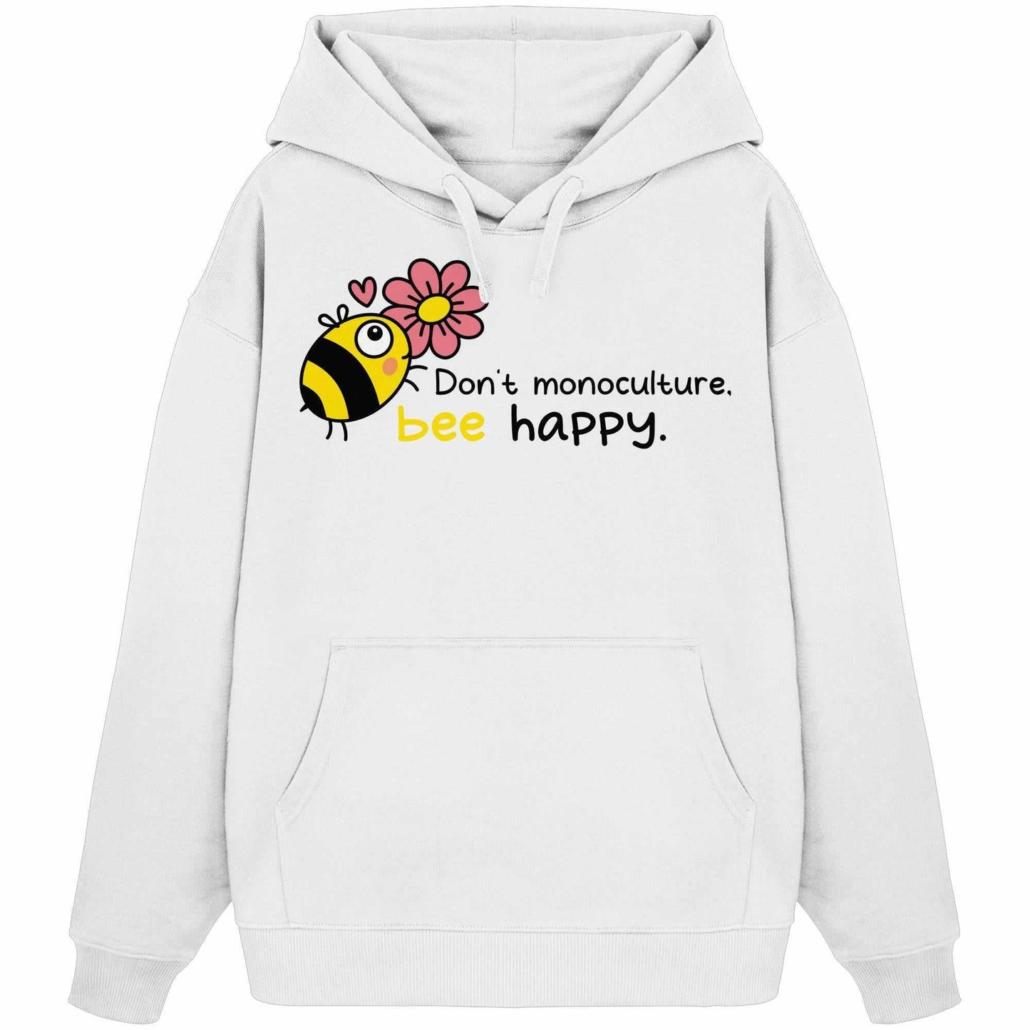 Vegan und Bio Oversized Hoodie: Save the bees, zeigt Cartoon-Biene mit Blume. Aus 100% Bio-Baumwolle, Kängurutasche, nachhaltiges Design von RUDE REBEL.