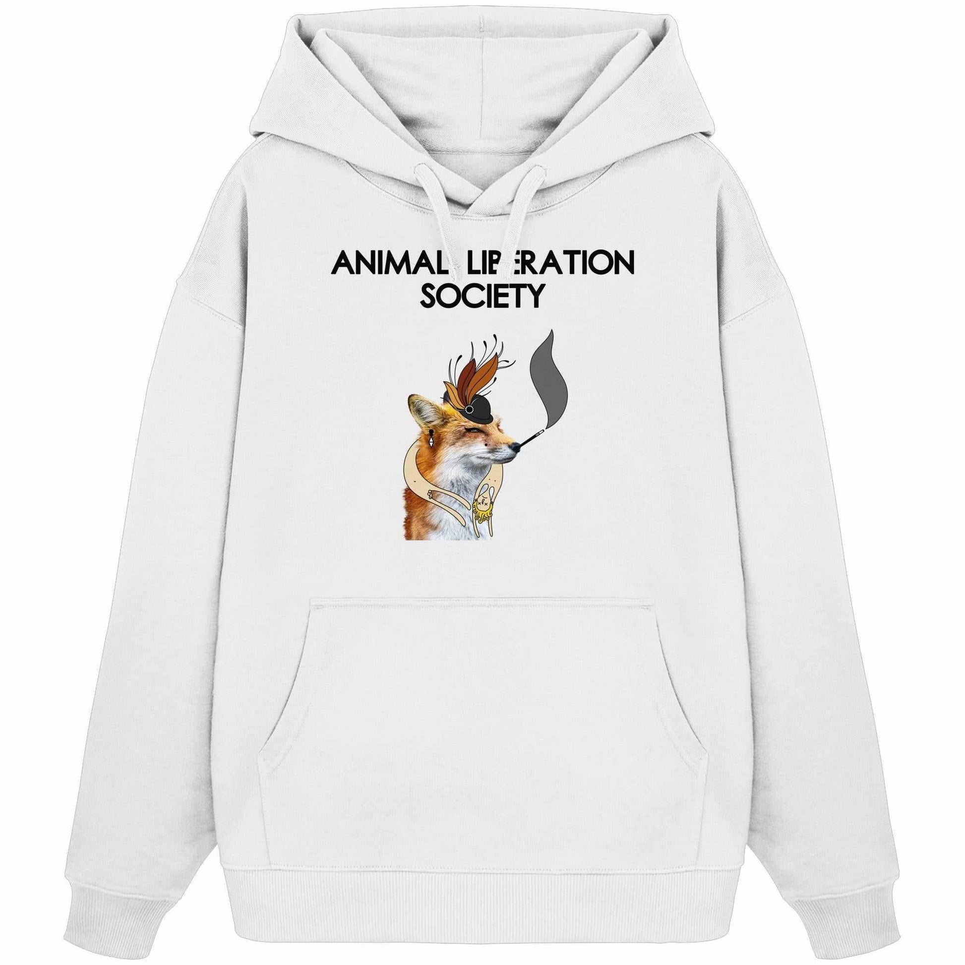 Vegan und Bio Oversized Hoodie: Mrs. Fox - Animal Liberation Society, weißer Hoodie mit Fuchs-Motiv, rauchend und mit Hut. Kängurutasche, 100% Bio-Baumwolle, rebellisches Design.