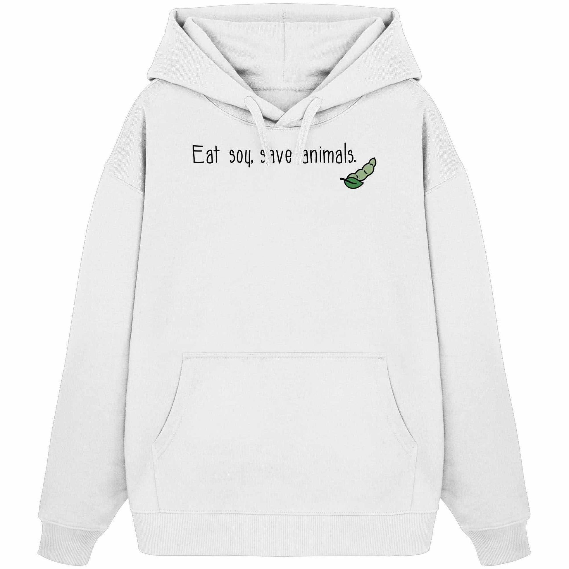 Vegan und Bio Oversized Hoodie mit grünem Blattmotiv, aus 100% Bio-Baumwolle, Kapuze und Kängurutasche, thematisiert Veganismus und Naturschutz.