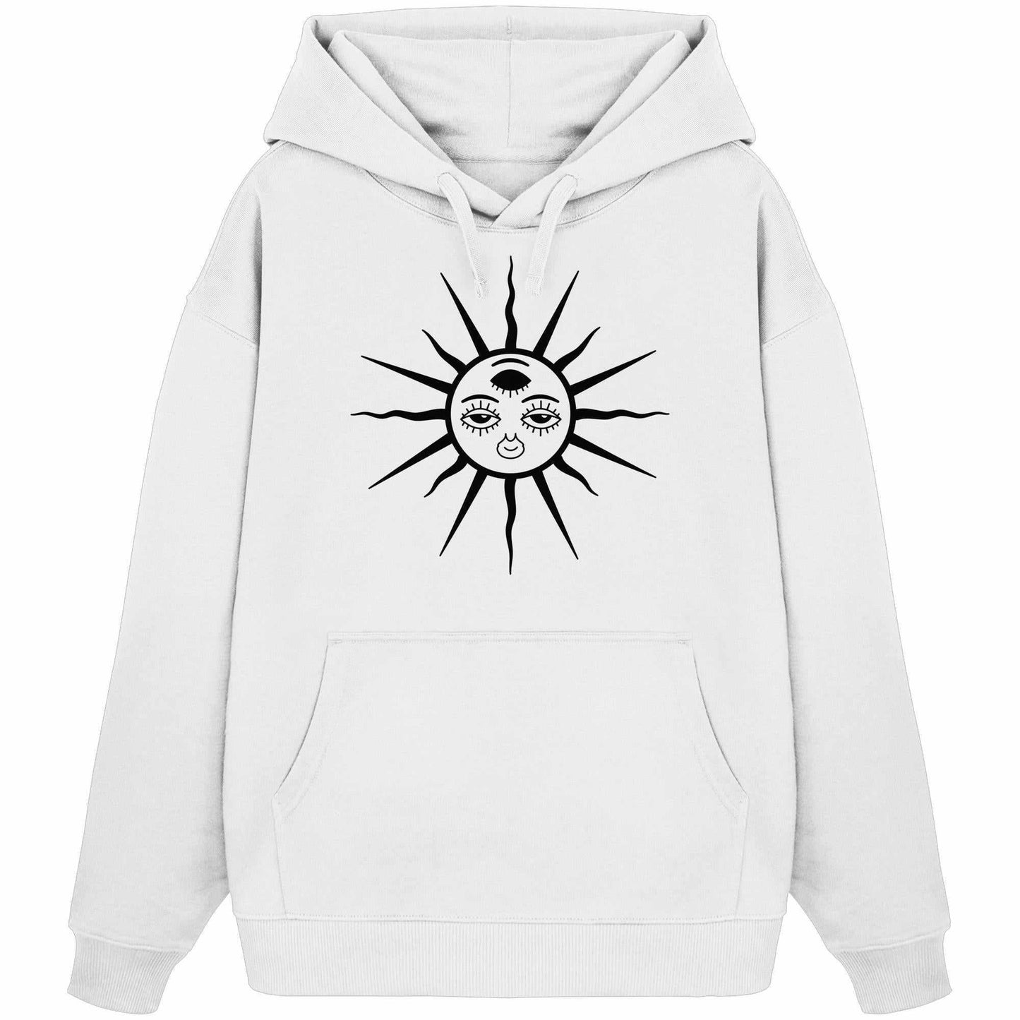 Vegan und Bio Oversized Hoodie mit einem schwarzen, dreiaugigen Sonnengesicht-Motiv, ideal für Ethno-Design-Liebhaber und Goa-Rave-Enthusiasten.