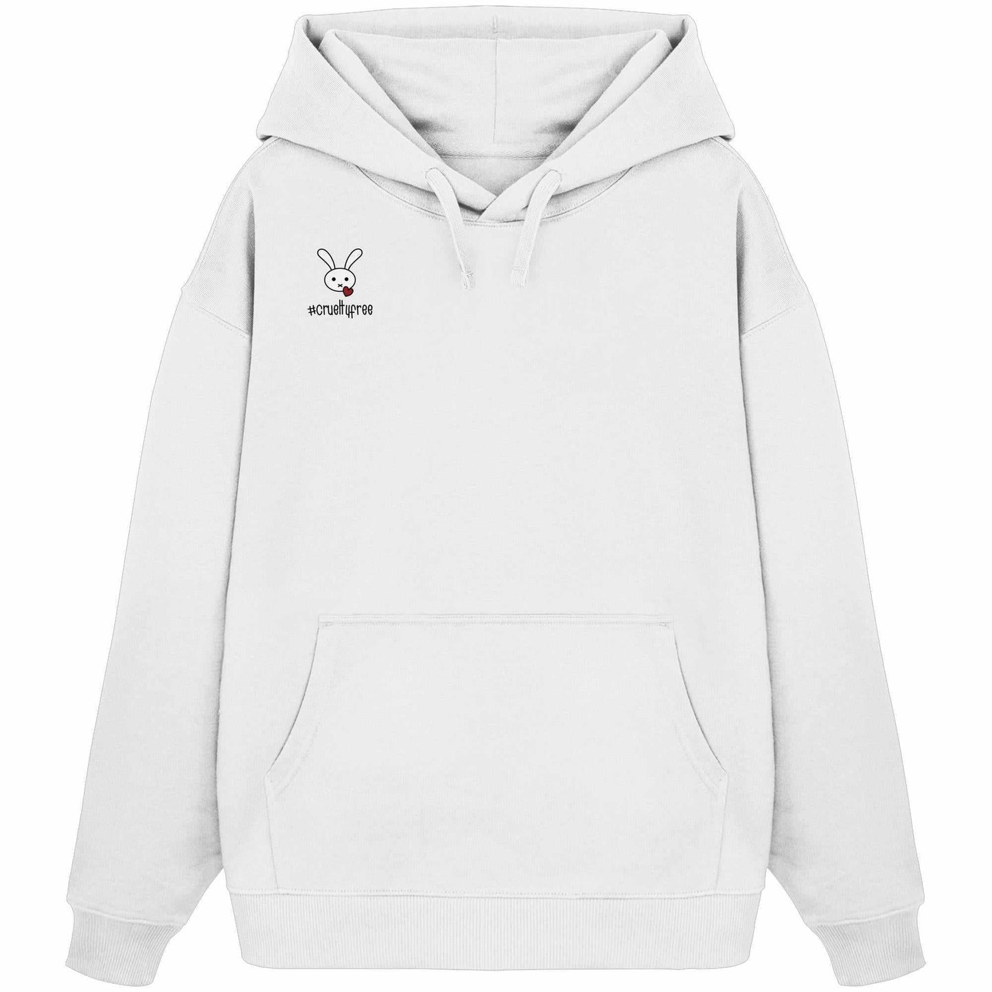 Vegan und Bio Oversized Hoodie: Crueltyfree Bunny, weißer Hoodie mit Kängurutasche und Cartoon-Hase mit Herz, aus 100% Bio-Baumwolle, rebellisches Design von RUDE REBEL.