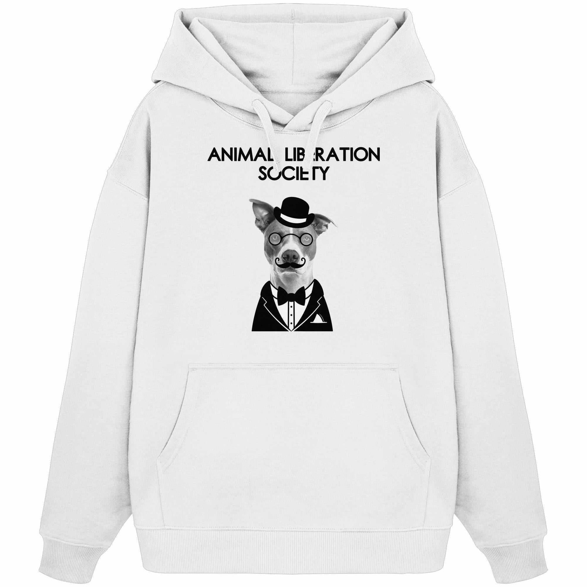 Vegan und Bio Oversized Hoodie: Mr. Dog - Animal Liberation Society, zeigt einen Hund mit Brille, Hut und Fliege auf einem weißen Sweatshirt, aus 100% Bio-Baumwolle.