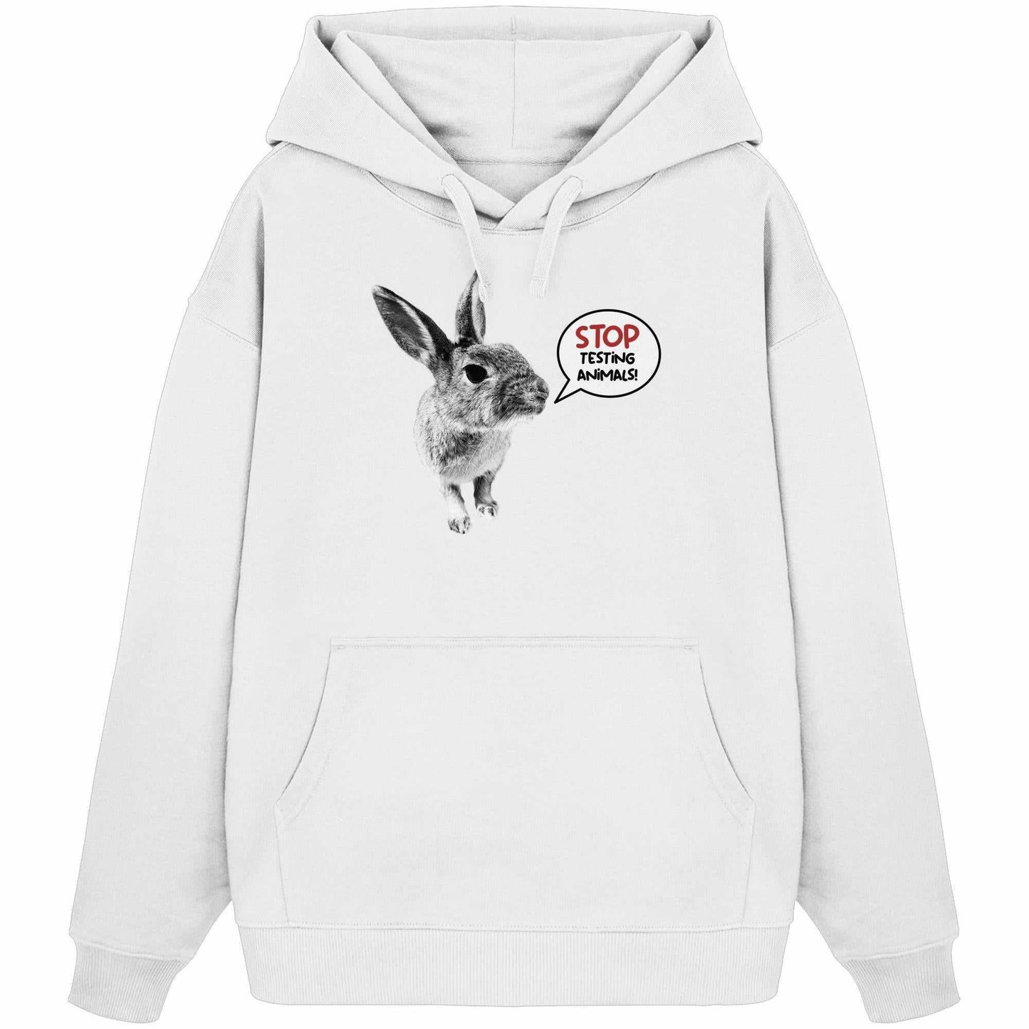 Vegan und Bio Oversized Hoodie mit niedlichem Häschenmotiv und Botschaft STOP ANIMAL TESTING, aus 100% Bio-Baumwolle, von RUDE REBEL.