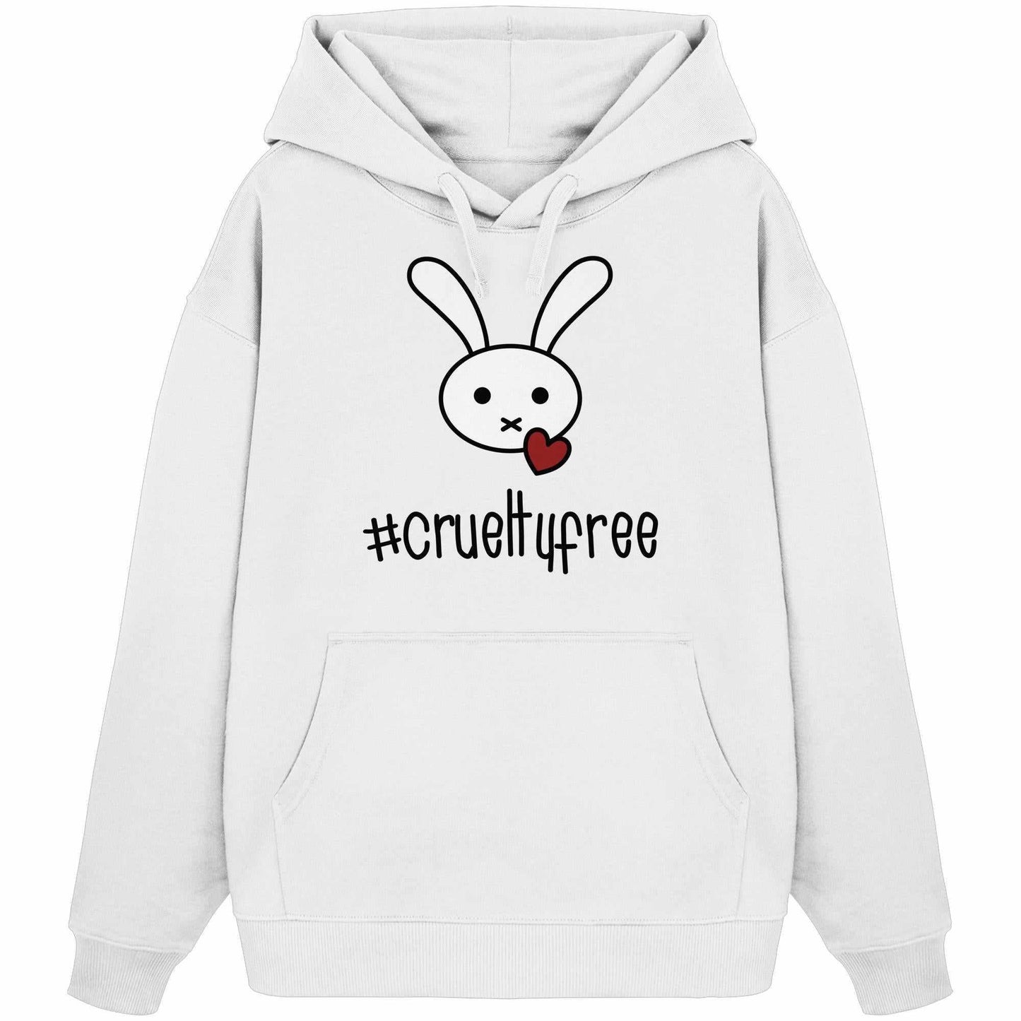 Vegan und Bio Oversized Hoodie mit großem Cartoon-Hasen und Herzmotiv, aus 100% Bio-Baumwolle, mit Kängurutasche und Kapuze. Ideal für nachhaltige und tierfreundliche Mode.