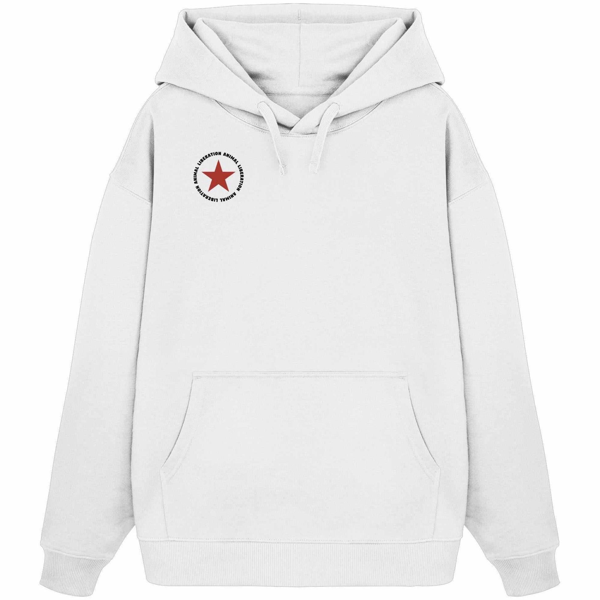 Vegan und Bio Oversized Hoodie: Red Star - Animal Liberation, weißer Hoodie mit rotem Stern und Kängurutasche, aus 100% Bio-Baumwolle, rebellisches Design von RUDE REBEL.