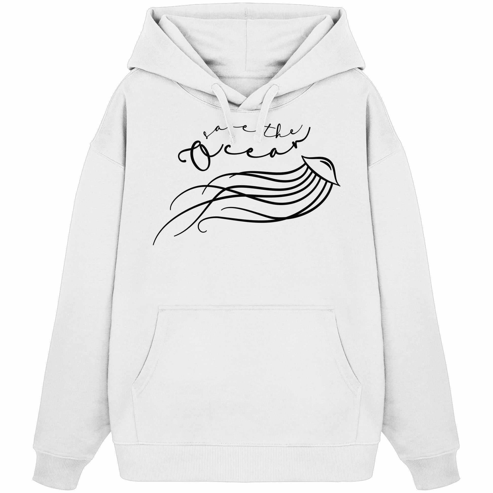 Vegan und Bio Oversized Hoodie: Jellyfish - Save the Ocean mit minimalistischem Quallen-Design und Kängurutasche, betont nachhaltige Mode und Meeresschutz.