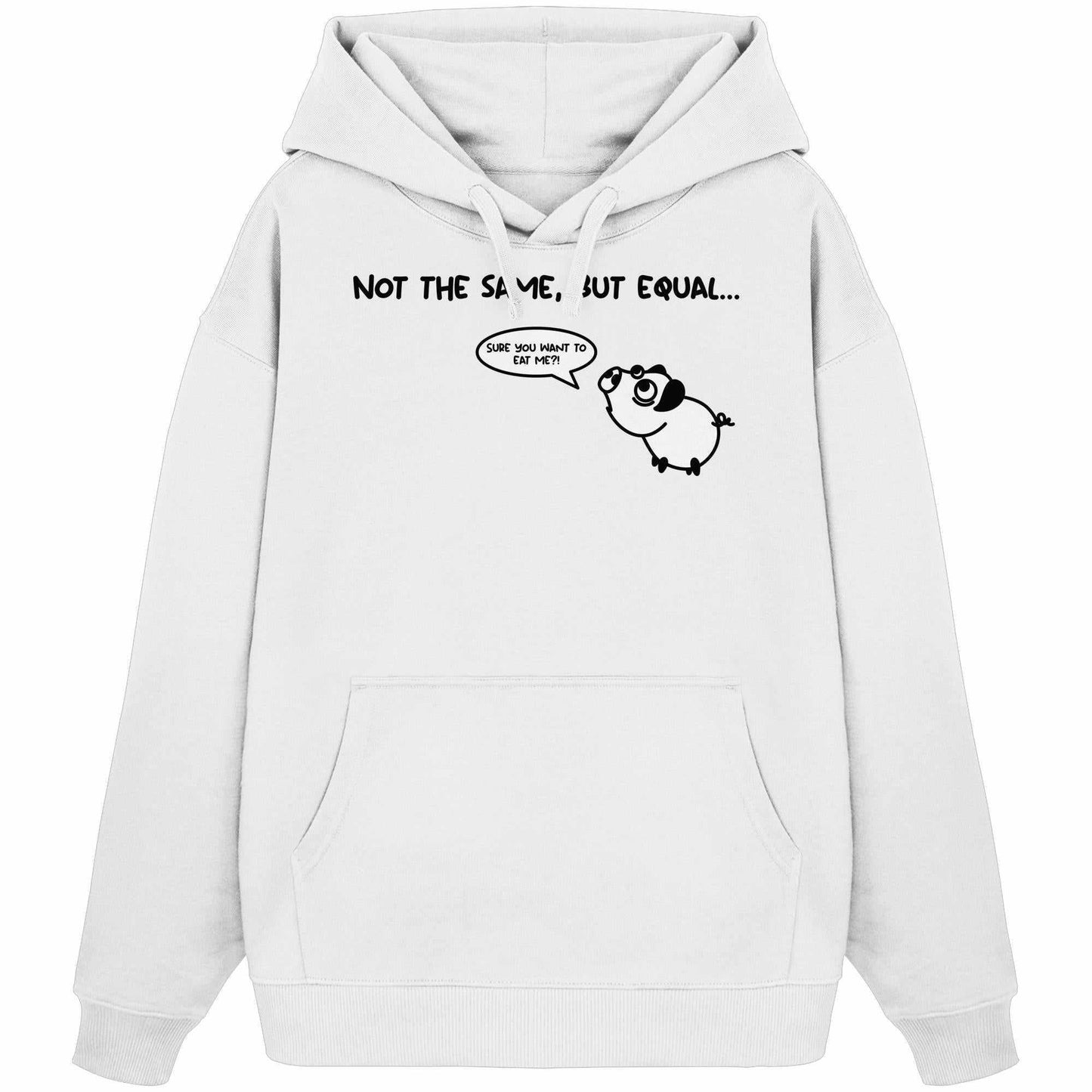 Veganer Bio-Oversized Hoodie mit Cartoon-Schwein, das Hund imitiert, aus 100% Bio-Baumwolle, mit Kapuze und Kängurutasche.