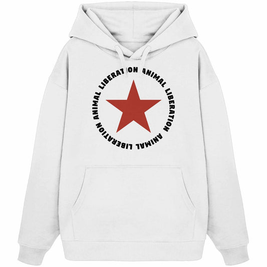 Vegan und Bio Oversized Hoodie: Red Star and Animal Liberation, weiß mit rotem Stern, Kapuze, Kängurutasche, aus 100% Bio-Baumwolle, rebellisches Design für Tierrechte.