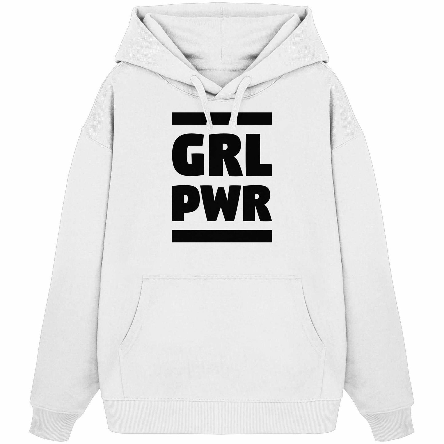 Vegan und Bio Oversized Hoodie: GIRL POWER mit feministischer Botschaft, weiß mit schwarzem Text, Kängurutasche, Kapuze, 100% Bio-Baumwolle, von RUDE REBEL.