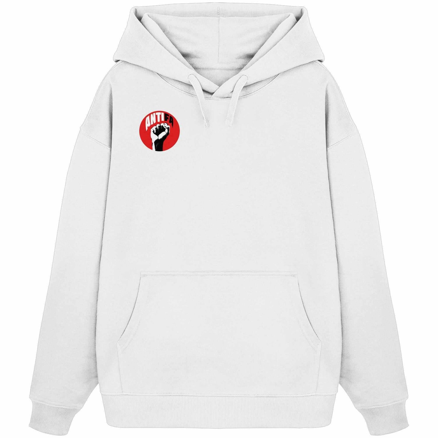 Vegan und Bio Oversized Hoodie: Antifa - Gemeinsam gegen Rechts mit roter Faust, umweltfreundlich aus Bio-Baumwolle, rebellisches Design gegen Rechts, mit Kapuze und Kängurutasche.