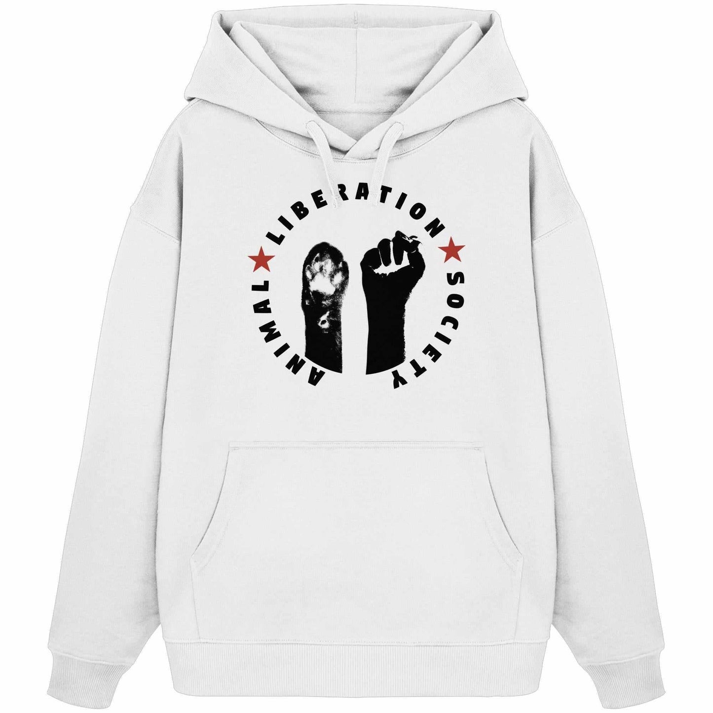 Vegan und Bio Oversized Hoodie mit schwarzen Händen und Worten, symbolisiert Tierbefreiung durch Pfote und Faust. Hergestellt aus 100% Bio-Baumwolle.