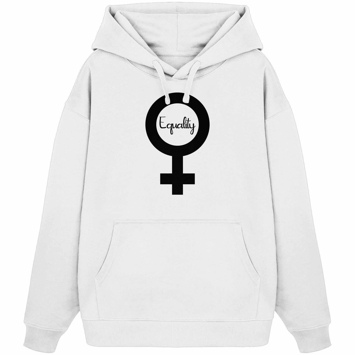 Vegan und Bio Oversized Hoodie: Feminismus - Der Kampf um Gleichberechtigung mit schwarzem Symbol, aus 100% Bio-Baumwolle, Kängurutasche, Kapuze, rebellisches Design von RUDE REBEL.