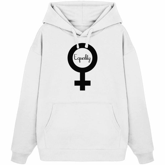 Vegan und Bio Oversized Hoodie: Feminismus - Der Kampf um Gleichberechtigung mit schwarzem Symbol, aus 100% Bio-Baumwolle, Kängurutasche, Kapuze, rebellisches Design von RUDE REBEL.