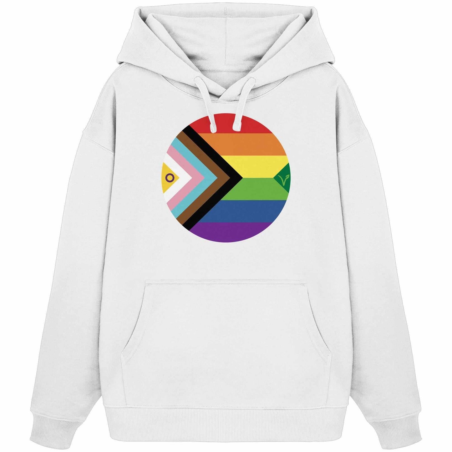 Vegan und Bio Oversized Hoodie mit Regenbogenkreis, symbolisiert LGBTQAI+ und Veganismus. Hergestellt aus 100% Bio-Baumwolle, mit Kängurutasche und Kapuze.