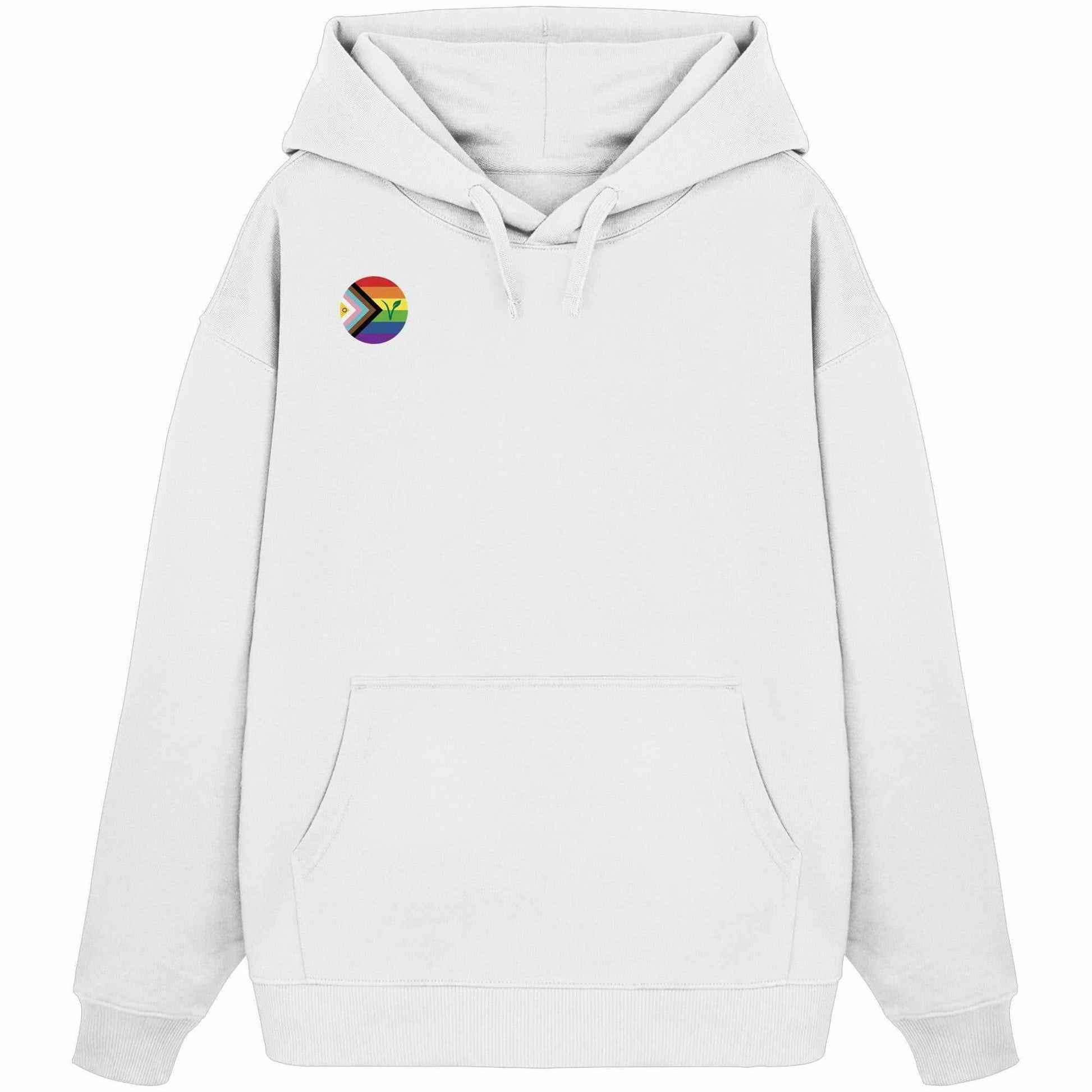 Vegan und Bio Oversized Hoodie: LGBTQIA+ VEGAN, weißer Hoodie mit Regenbogen-Logo und Kängurutasche, aus 100% Bio-Baumwolle, symbolisiert Freiheit und Tierrechte.