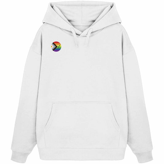 Vegan und Bio Oversized Hoodie: LGBTQIA+ VEGAN, weißer Hoodie mit Regenbogen-Logo und Kängurutasche, aus 100% Bio-Baumwolle, symbolisiert Freiheit und Tierrechte.