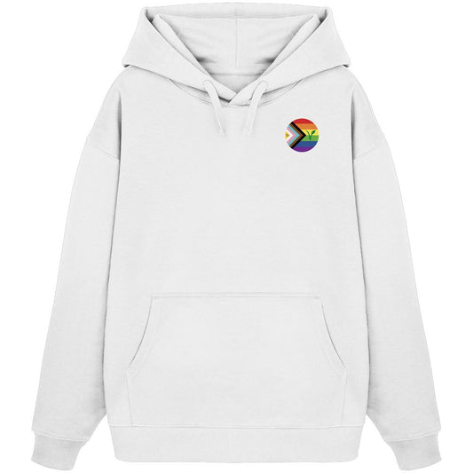 Oversized Hoodie in Weiß, Kapuze mit Kordel, Kängurutasche, Regenbogen-Logo auf der Brust