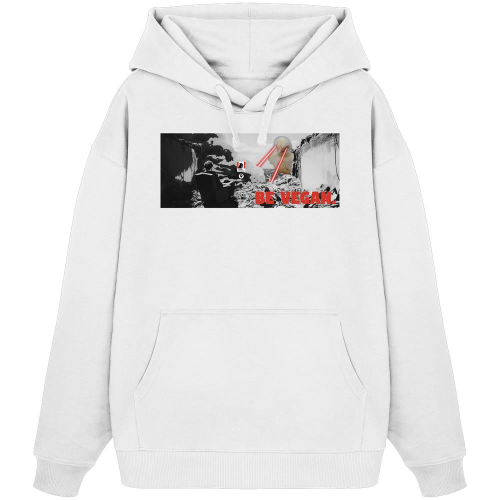 Vegan und Bio Oversized Hoodie: BE VEGAN. - Angry bird. Weißer Hoodie mit dystopischem Grafikdruck und BE VEGAN-Slogan, aus 100% Bio-Baumwolle, rebellisches Design von RUDE REBEL.