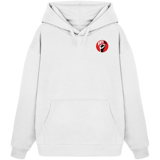 Oversize-Hoodie in Weiß mit Kapuze, Kordelzug und Kängurutasche; kleines Brustlogo.