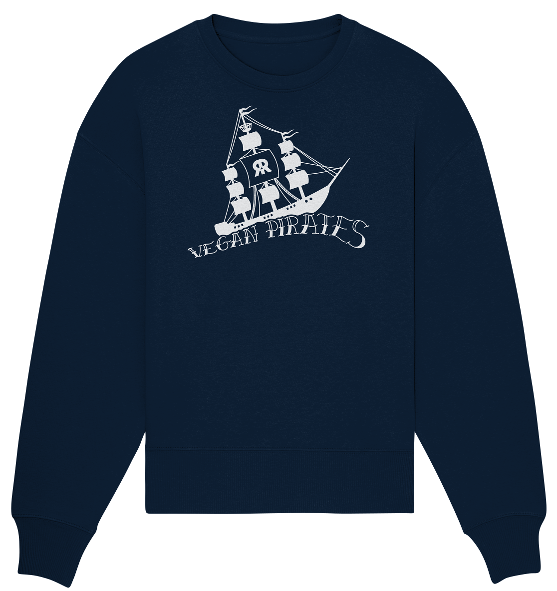 Vegan, Organic & Recycled Oversized Sweatshirt: Vegan Pirates (Piratenschiff und Schriftzug in Wellenform, maritim, Schutz Meereslebewesen) in blau