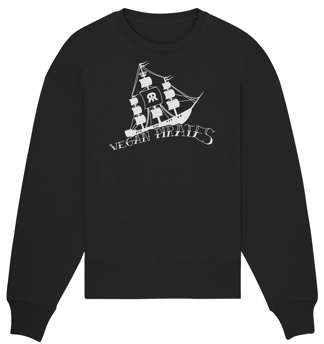 Vegan, Organic & Recycled Oversized Sweatshirt: Vegan Pirates (Piratenschiff und Schriftzug in Wellenform, maritim, Schutz Meereslebewesen) in schwarz