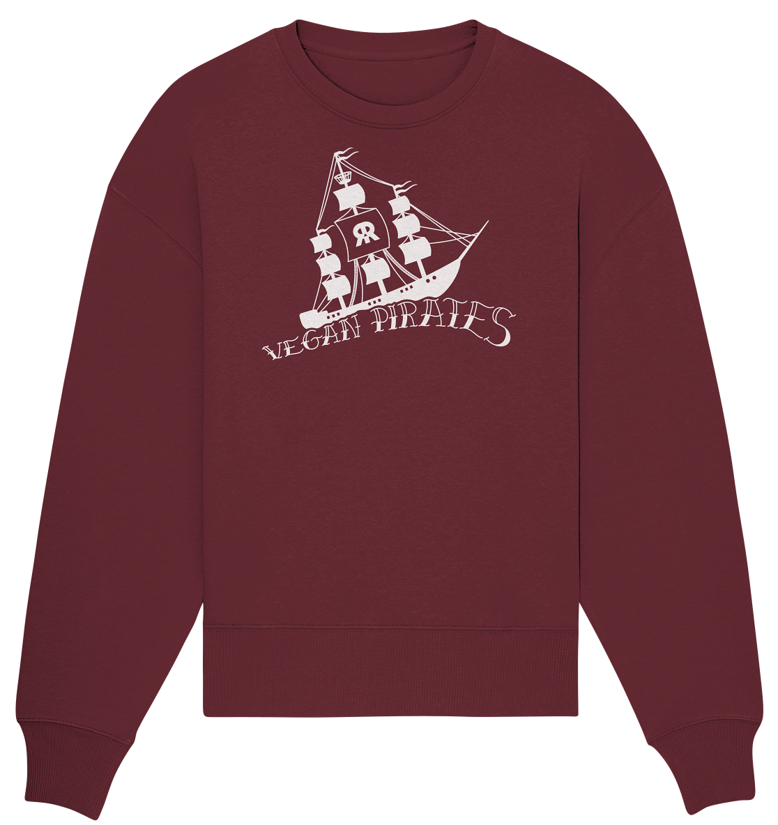 Vegan, Organic & Recycled Oversized Sweatshirt: Vegan Pirates (Piratenschiff und Schriftzug in Wellenform, maritim, Schutz Meereslebewesen) in rot