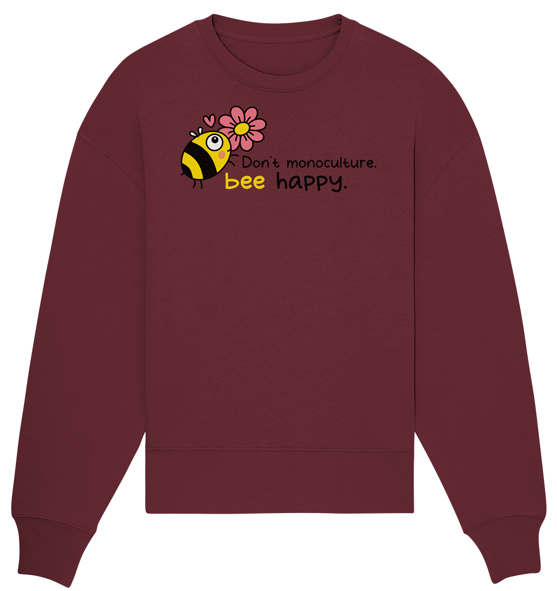 Vegan, Organic & Recycled Oversized Sweatshirt: Save the bees (bedruckt mit süßer Biene im Comic Stil, kleinem rosa Herz und Blume, Schriftzug, Vegan Merch, Insektenschutz, Rettet die Bienen, Wildbienen schützen, Tierschutz) in rot