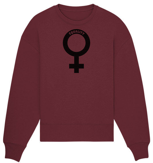 Vegan, Organic & Recycled Oversized Sweatshirt: Das Venussymbol mit feministischer Message (bedruckt mit Venus Symbol und dem Schriftzug "Equality", feministische Shirts, Feminismus, Feminismus Merch, feministische Kleidung, gegen das Patriarchat) in weinrot