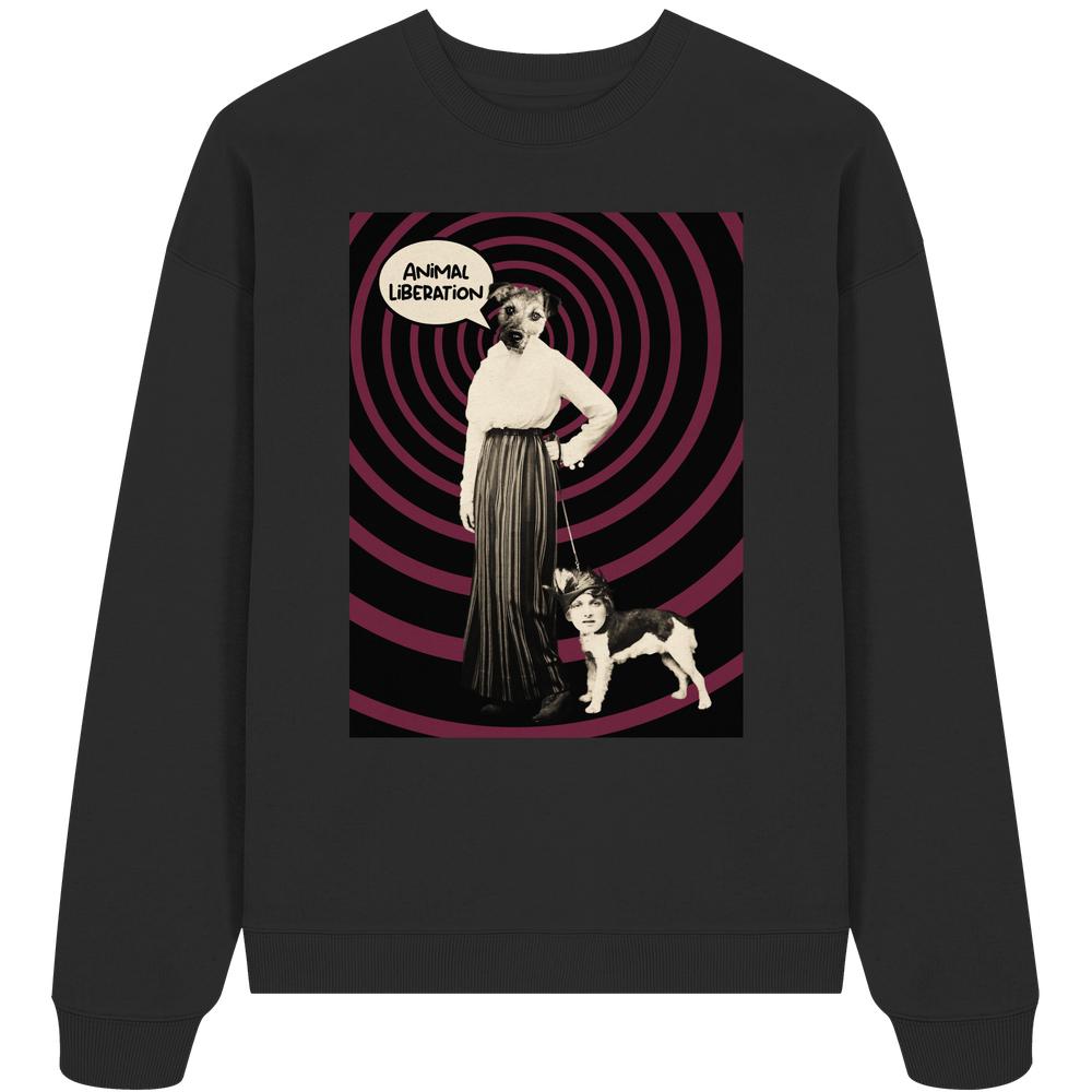 Schwarzes Oversized Sweatshirt mit surrealem Pop-Art-Print: Mensch mit Hundekopf, Hund mit Menschenkopf, Animal Liberation Sprechblase, aus 100% Bio-Baumwolle.