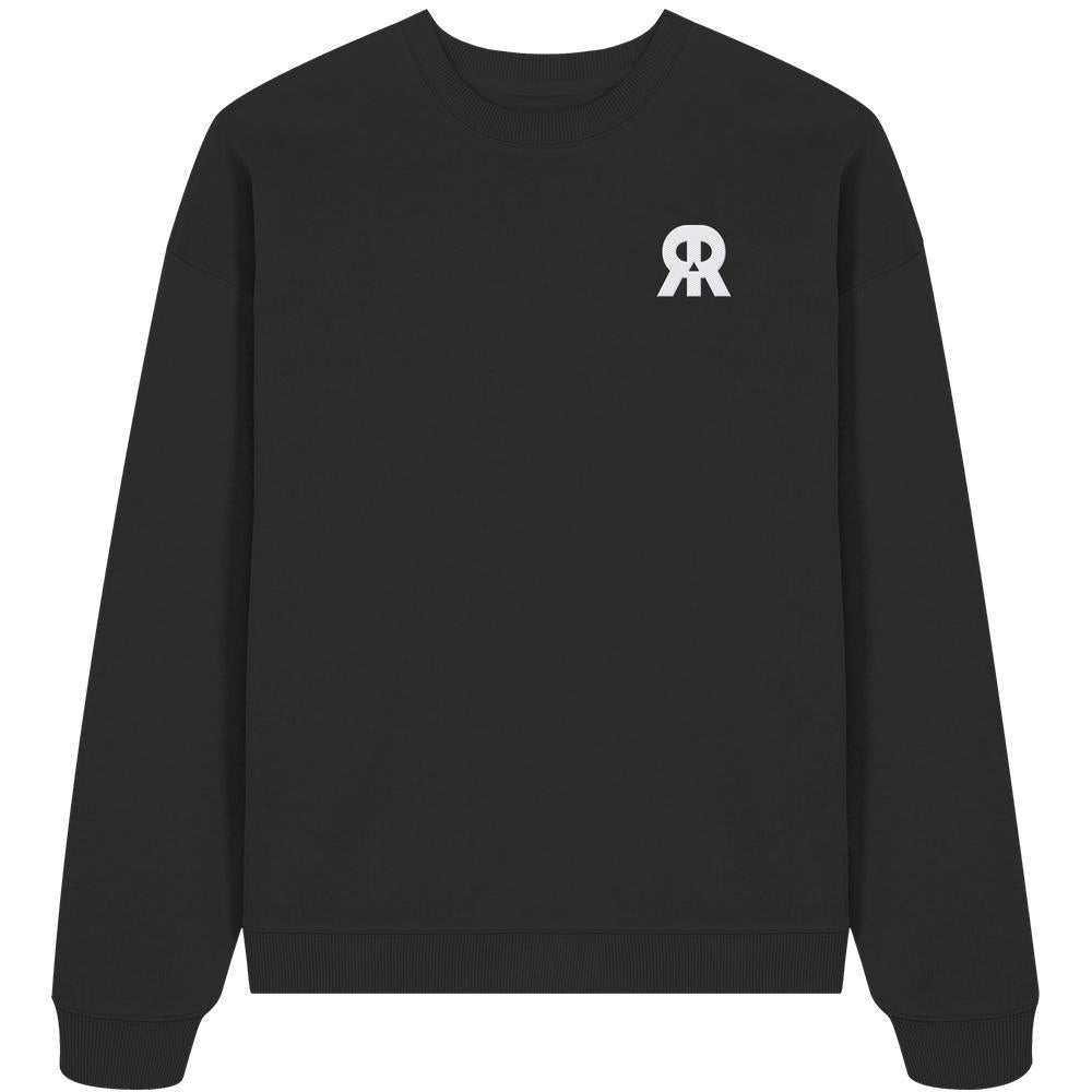 Vegan und Bio Oversized Sweatshirt bestickt: RUDE REBEL Skull zeigt schwarzen Pullover mit gesticktem weißen Logo auf der Brust, aus 100% Bio-Baumwolle, oversized Fit.