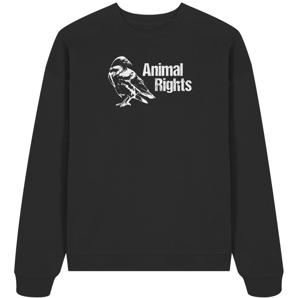 Vegan und Bio Oversized Sweatshirt: Raven - Animal Rights, schwarzes Sweatshirt mit weißem Druck eines Raben und „Animal Rights“-Schriftzug, aus 100% Bio-Baumwolle, oversized Schnitt.