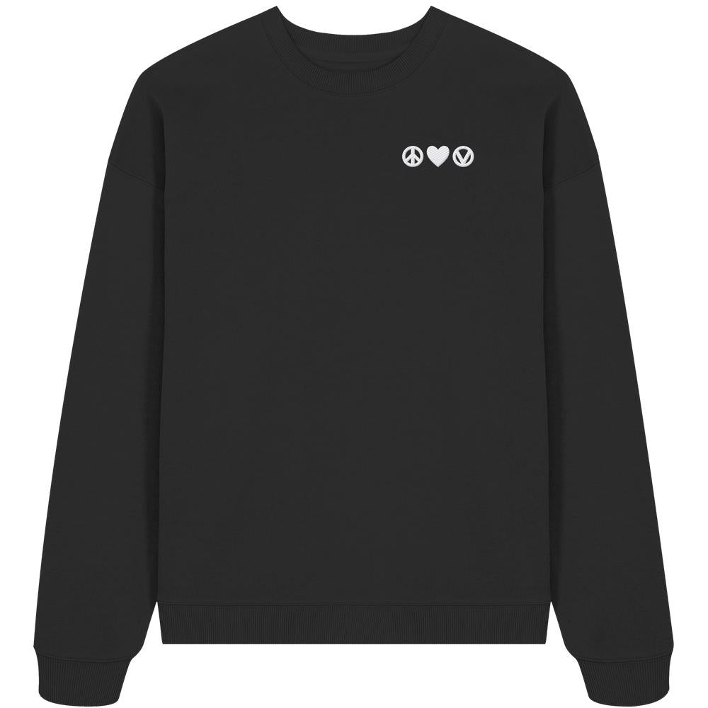 Vegan und Bio Oversized Sweatshirt bestickt: Peace - Love - Veganism, schwarzer Pullover mit weißen Symbolen für Frieden, Liebe und Veganismus auf der Brust, aus 100% Bio-Baumwolle.