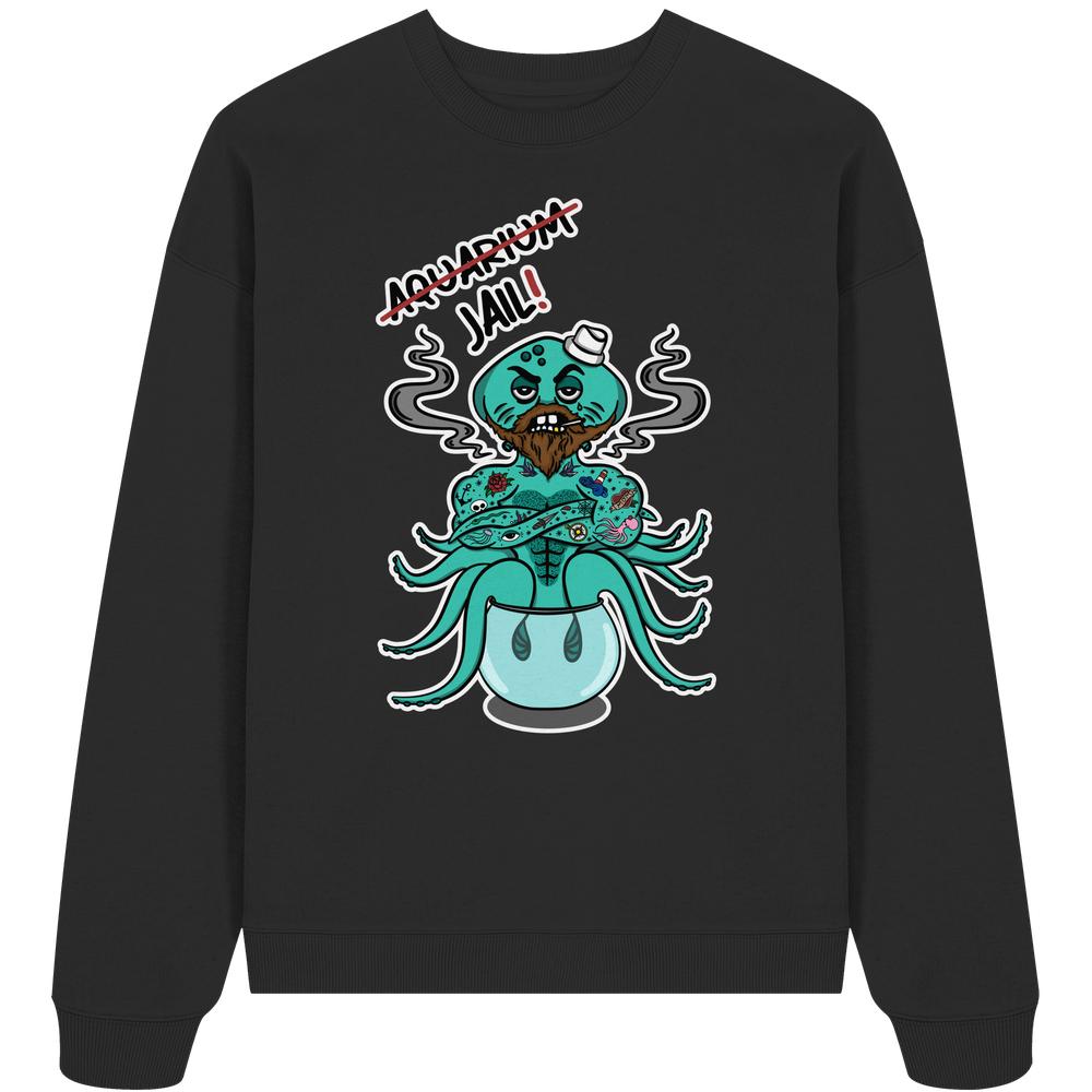 Schwarzes Sweatshirt mit Cartoon-Oktopus im Fischglas, beschriftet mit JAIL! statt AQUARIUM. Thema: Tierrechte, aus 100% Bio-Baumwolle. Veganes Statement von RUDE REBEL.