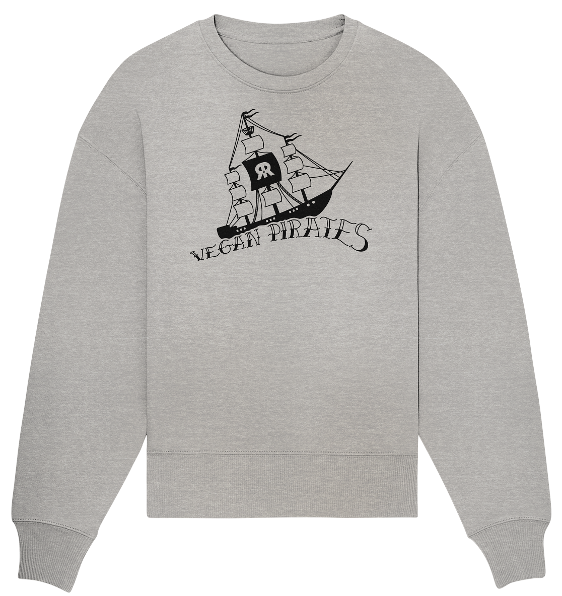 Vegan, Organic & Recycled Oversized Sweatshirt: Vegan Pirates (Piratenschiff und Schriftzug in Wellenform, maritim, Schutz Meereslebewesen) in grau