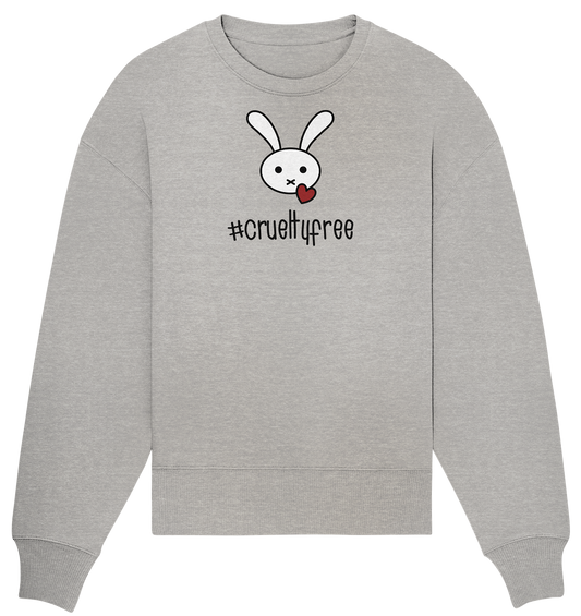 Vegan, Organic & Recycled Oversized Sweatshirt: Crueltyfree Bunny BIG (weißes süßes Häschen und rotes Herz mit Schriftzug, gegen Tierersuche in der Kosmetikindustrie, Vegan für die Tiere, Veganismus) in grau