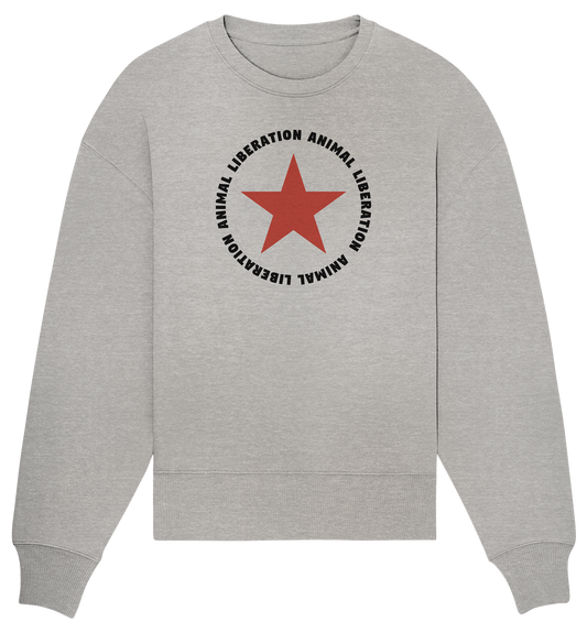 Vegan, Organic & Recycled Oversized Sweatshirt: Red Star and Animal Liberation (bedruckt mit großem roten Stern und Schriftzug darum, Vegan Merch, Veganismus, Animal Rights) in grau