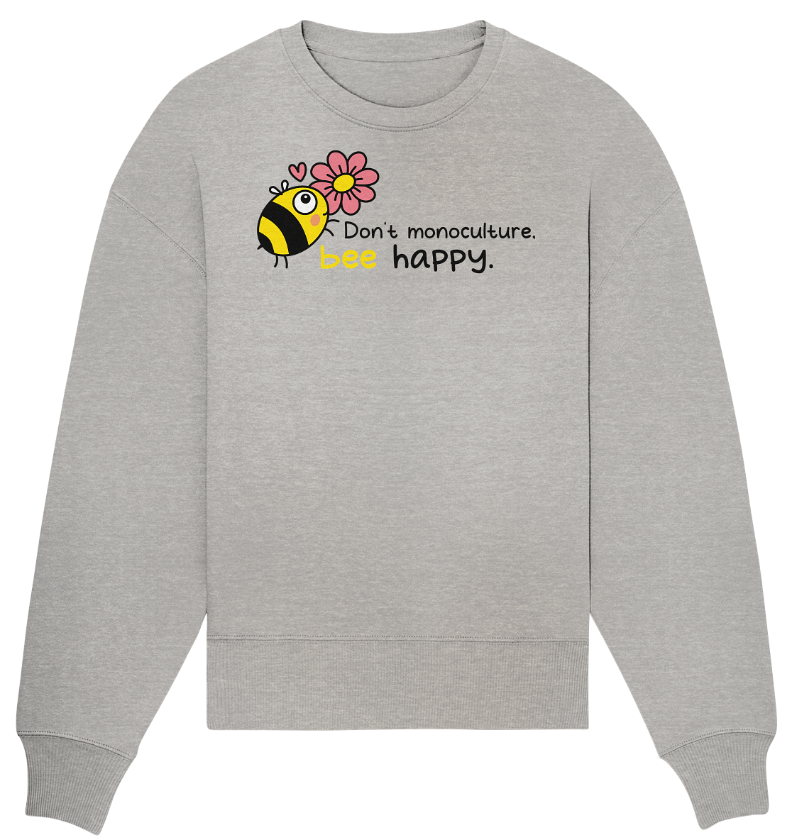 Vegan, Organic & Recycled Oversized Sweatshirt: Save the bees (bedruckt mit süßer Biene im Comic Stil, kleinem rosa Herz und Blume, Schriftzug, Vegan Merch, Insektenschutz, Rettet die Bienen, Wildbienen schützen, Tierschutz) in grau